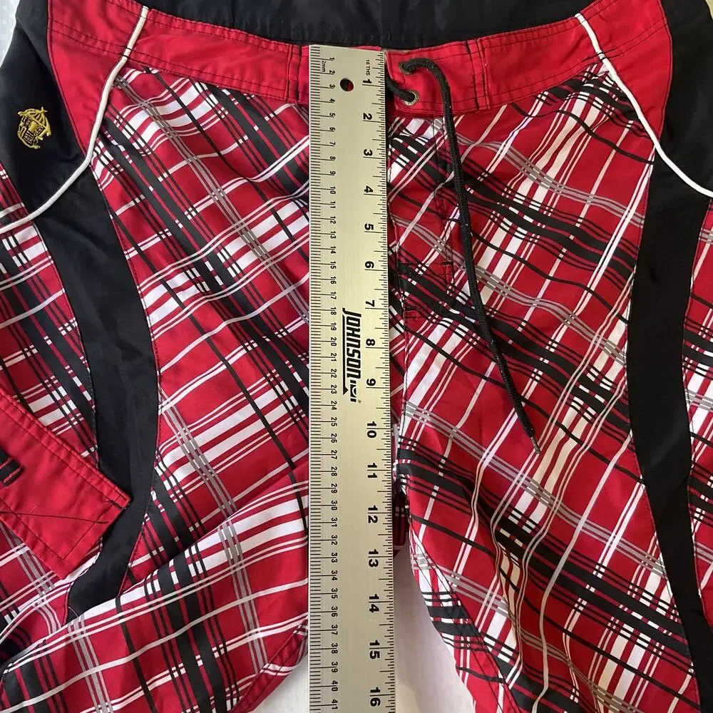 Hawaiian Tropic Men Shorts 36 Red Hawaiian Tropic Embroidery Swimwear Plaid 11”